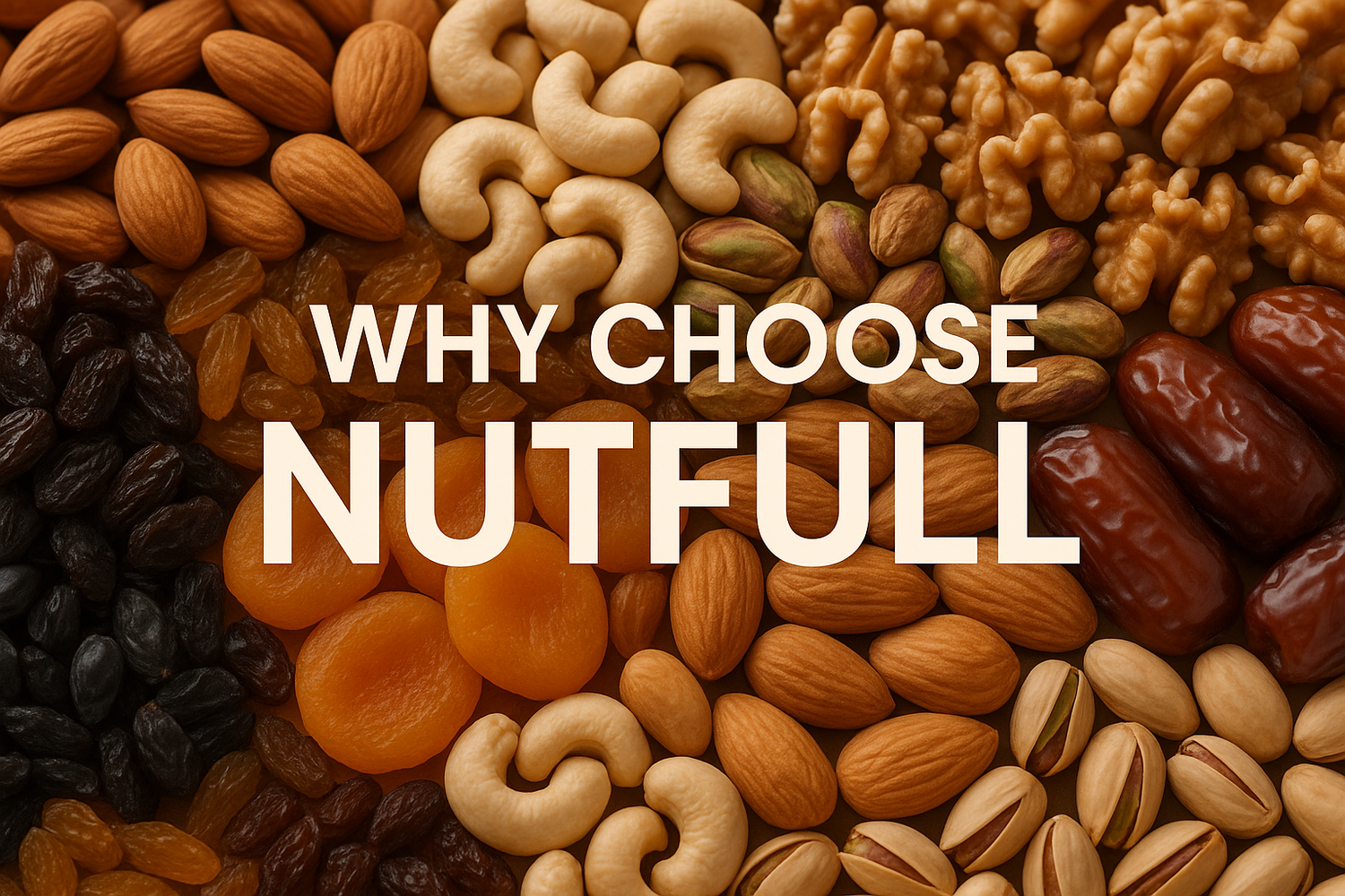 AN IMAGE WITH DRY FRUITS IN THE BACKGROUND AND TITLE WHY CHOOSE NUTFULL